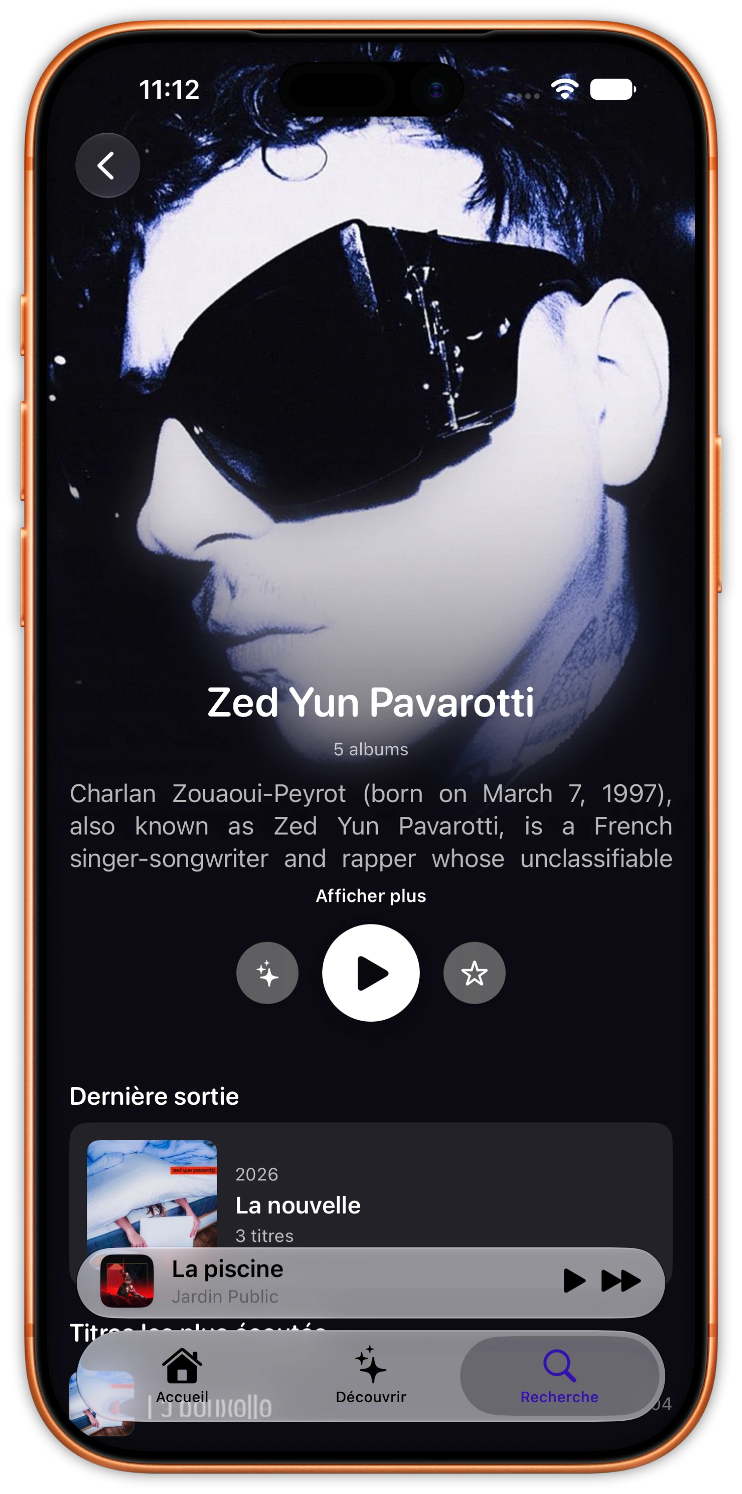 An artist page in Cassette on iPhone: Zed Yun Pavarotti, with his latest release.