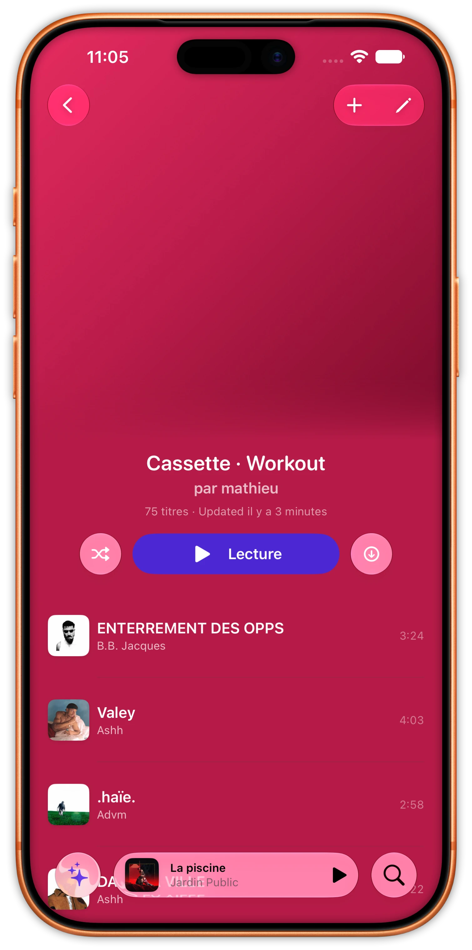 A playlist in Cassette on iPhone, the whole screen tinted pink by its cover.