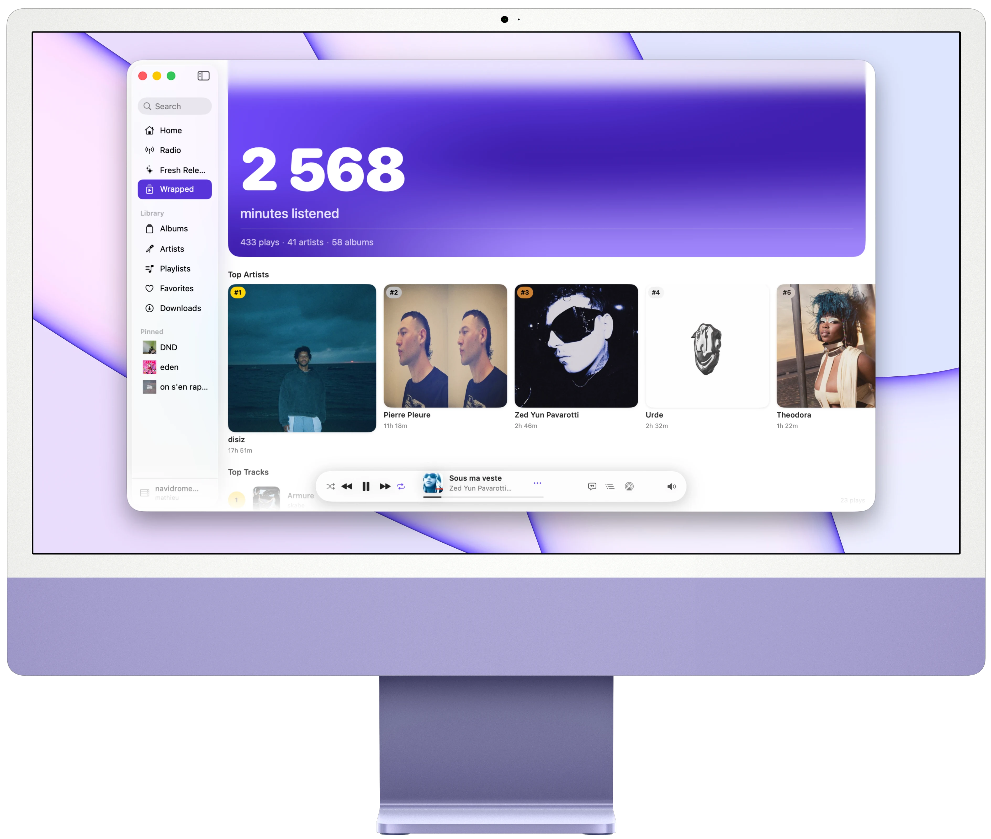 Cassette's listening recap on Mac: minutes listened and top artists.
