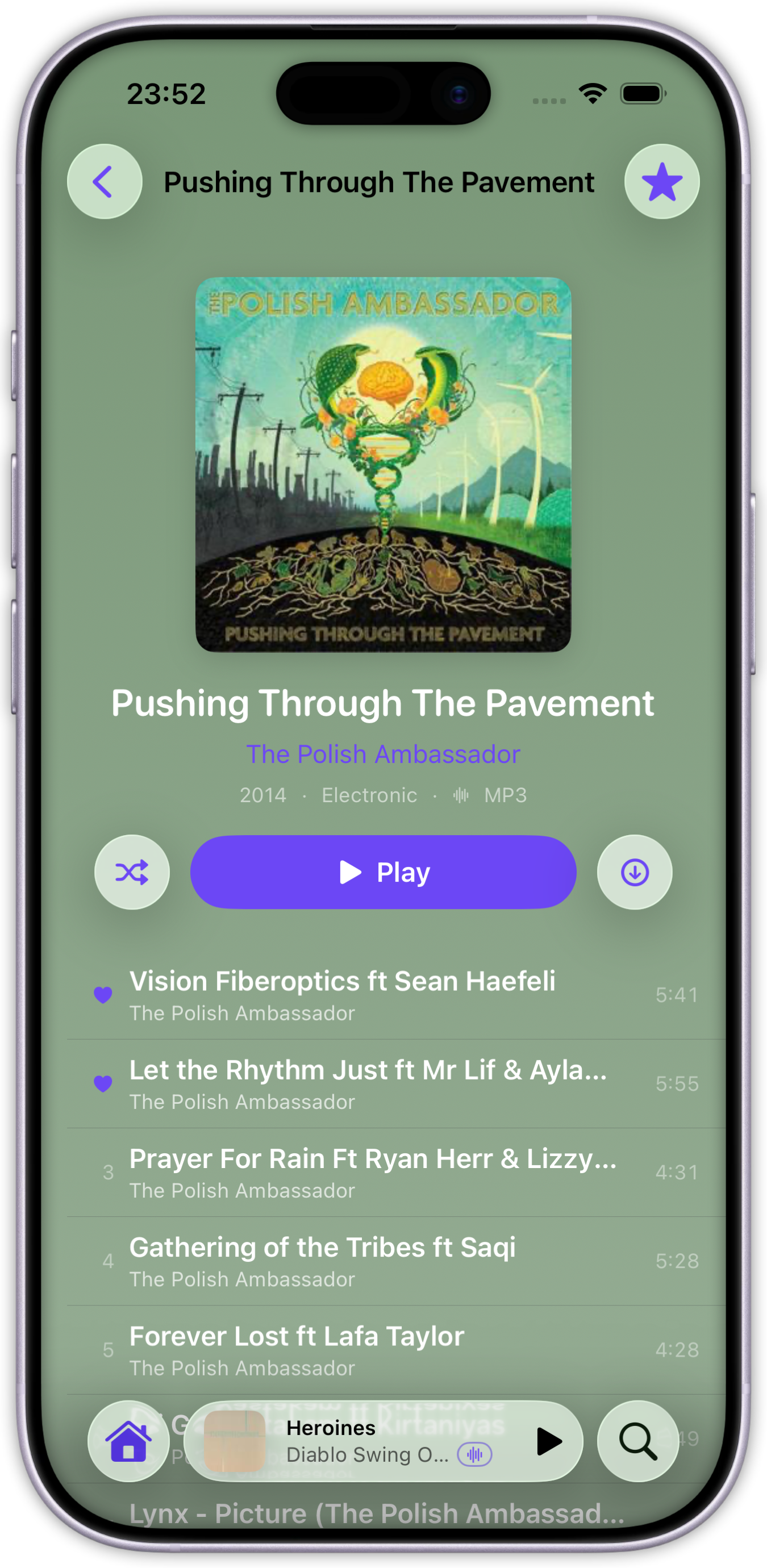 Cassette full-screen player view with cover art and dominant color gradient