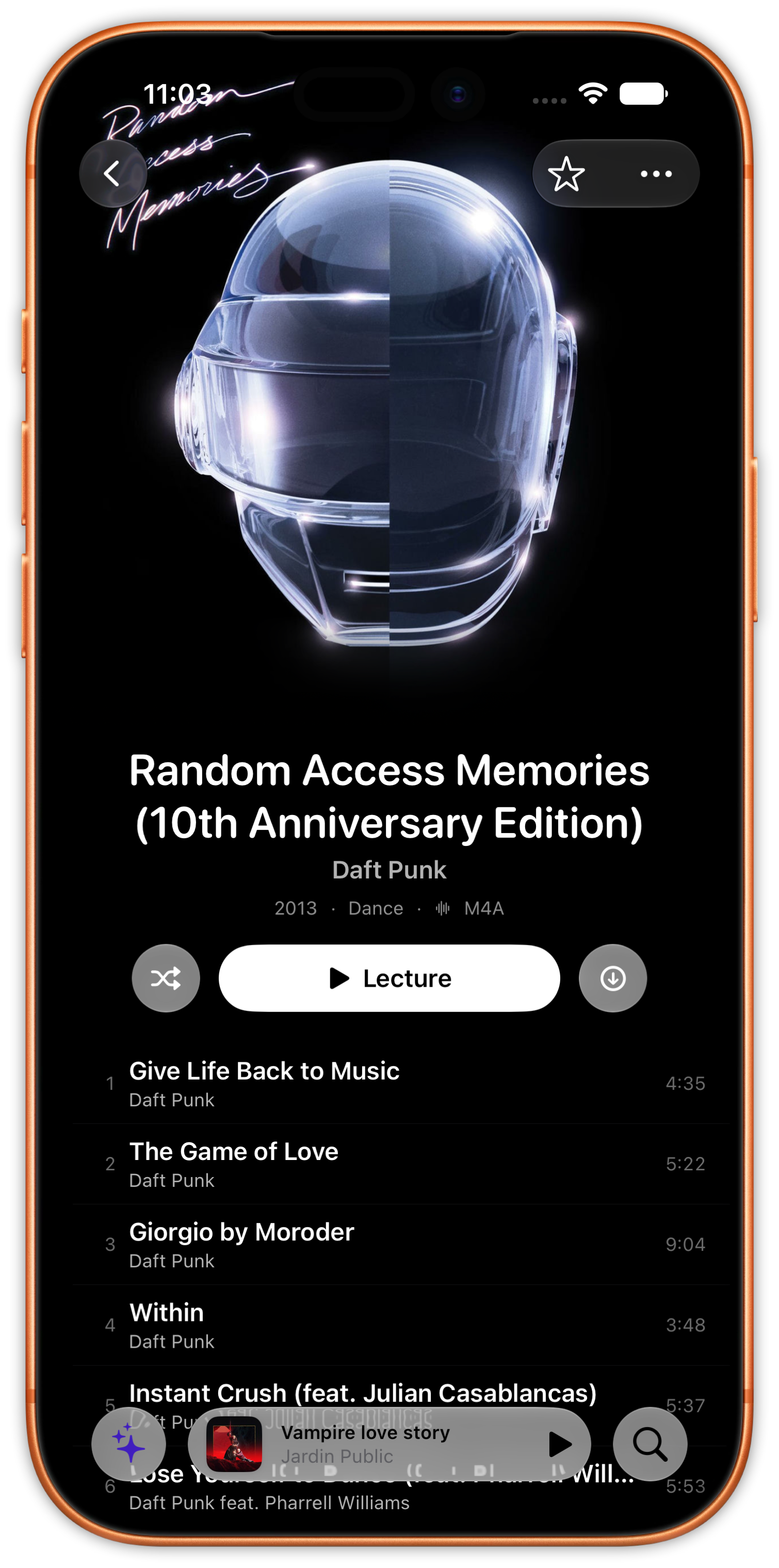 Cassette full-screen player view with cover art and dominant color gradient